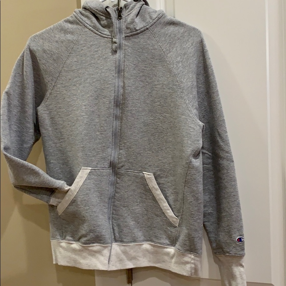 Ladies gray and white zip up hoodie